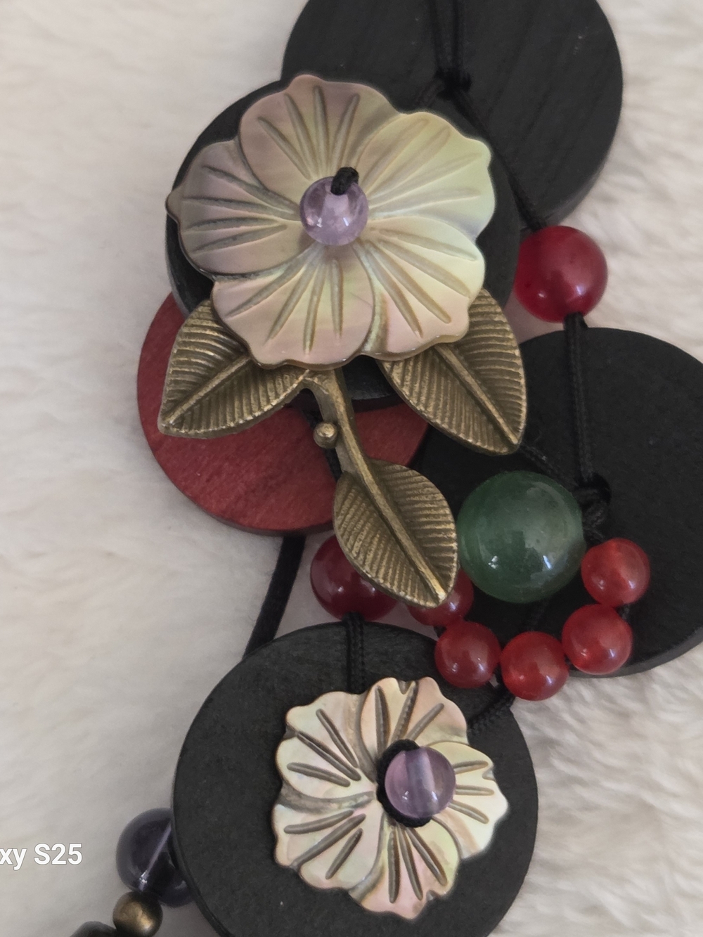 Boho Artisan Black Cord Statement Necklace w/ Mother-of-Pearl Flowers & Beads